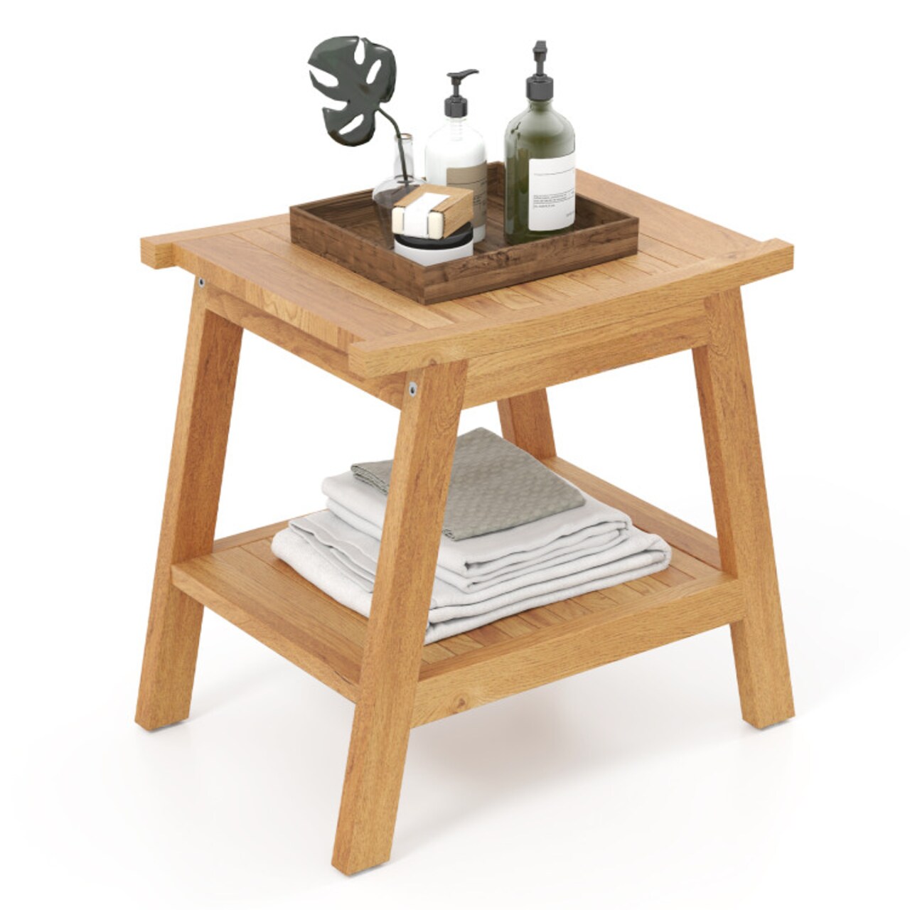 20 Inch Teak Wood Bath Stool with Storage Shelf and Adjustable Foot Pads